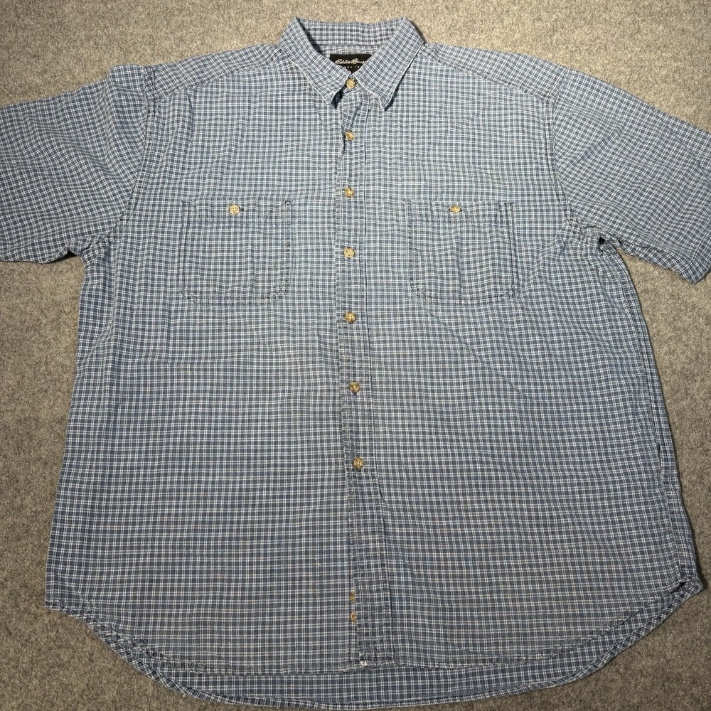 Eddie Bauer Shirt Mens XL Regular Blue Plaid Short Sleeve Button Up Shirt Cotton